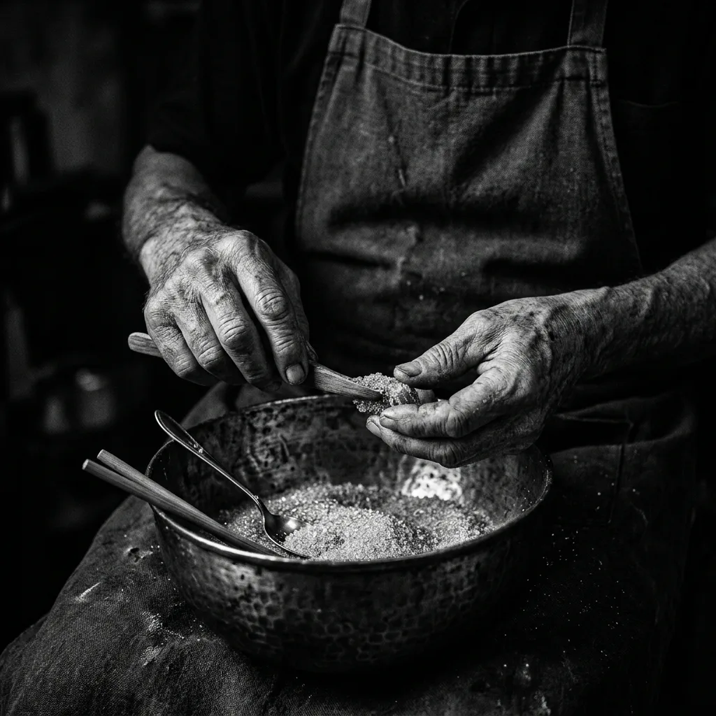 Artisan hands crafting golden sugar in a traditional brass vessel