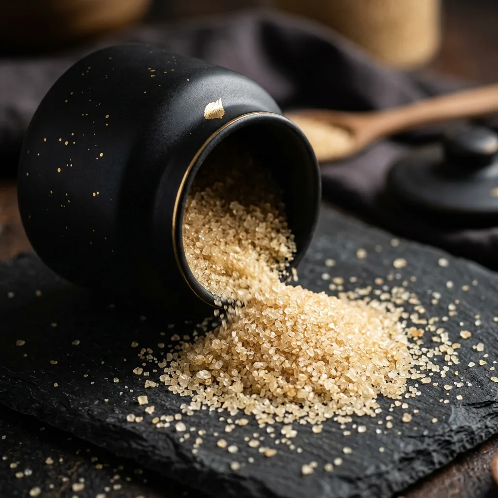 Khand Gold Reserve — pale golden unrefined cane sugar in a dark ceramic vessel