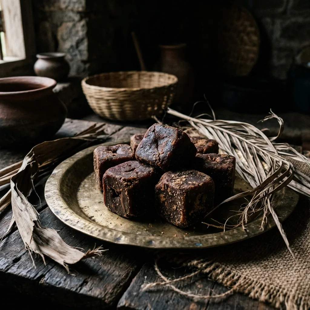 Heritage Palm Jaggery — dark mahogany blocks on vintage brass